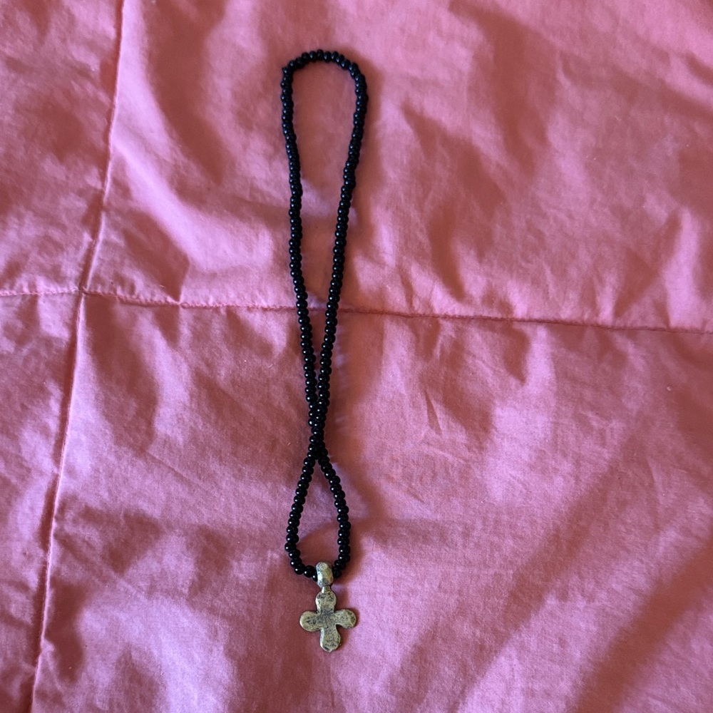 Black Beaded Necklace with Silver Cross Pendant